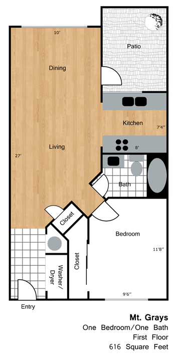 Bridgewalk Mt. Grays Floorplan, 1 bedroom/1 bath