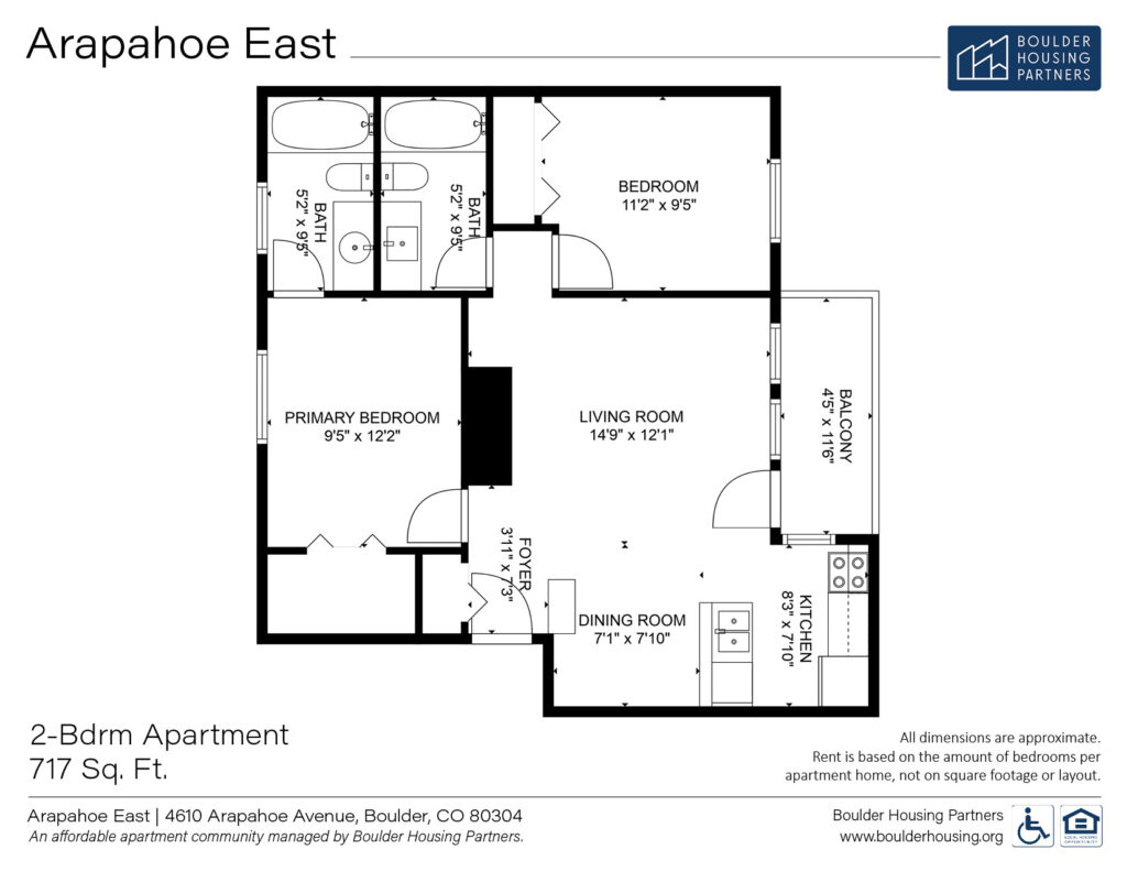 Arapahoe East Two-Bedroom Floor Plan - 717 square feet