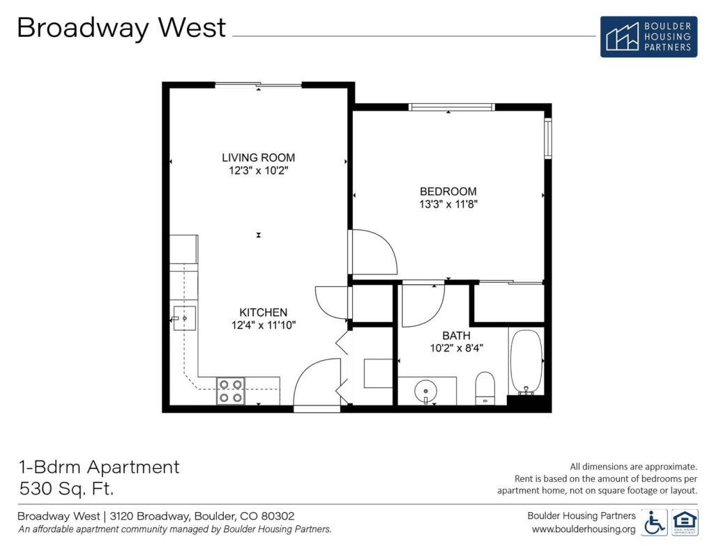 Broadway West - One Bedroom Apartment Floor Plan - 530 sf