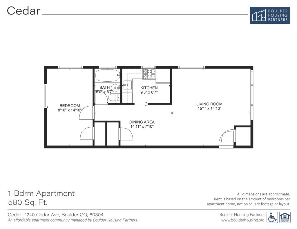 Cedar One Bedroom Apartment Floor Plan - 580 sf