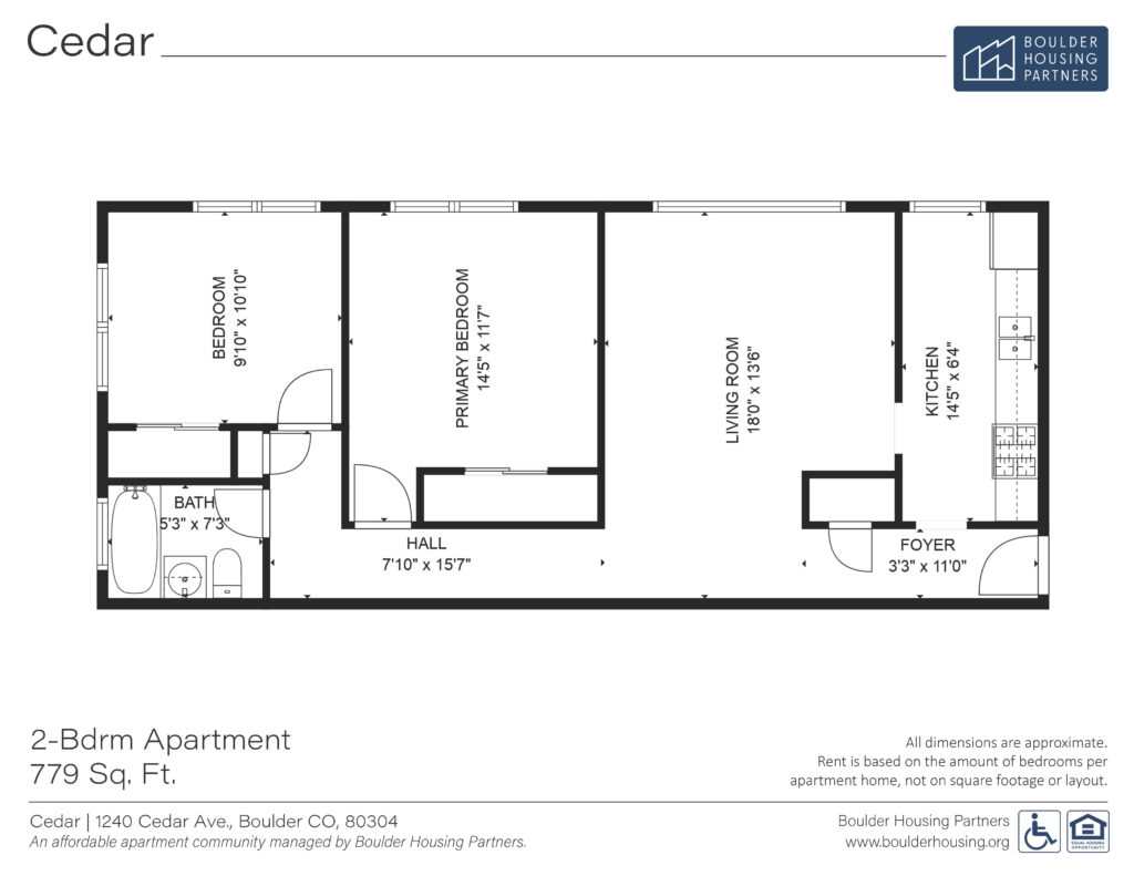 Cedar Two Bedroom Apartment Floor Plan - 779 sf