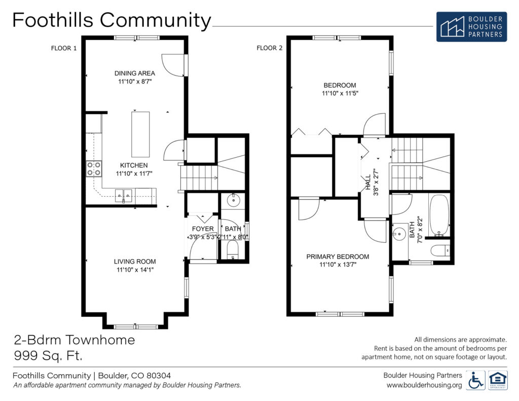 Floor Plan - Foothills Apartments - 2 Bedroom Townhome 999 square feet
