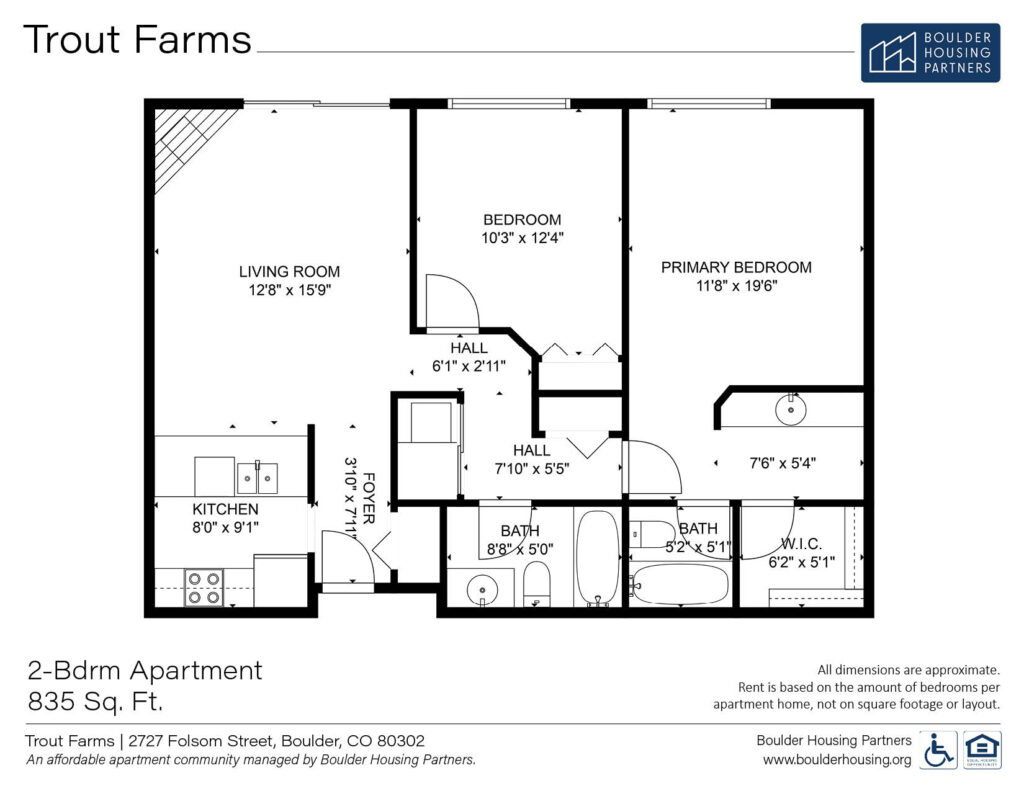 Trout Farms - Two Bedroom Apartment - Floor Plan 835 square feet
