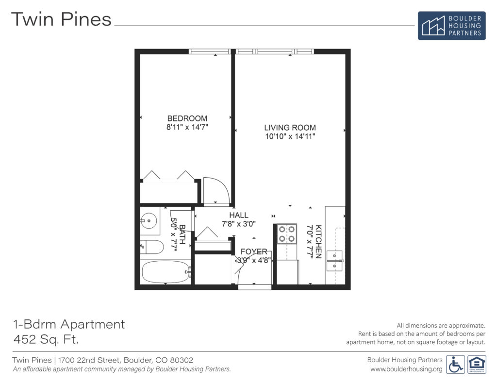 Floor Plan - Twin Pines - 1 Bedroom Apartment 452 sf