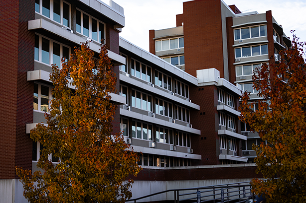Golden West North Tower viewed from the Northwest during fall.